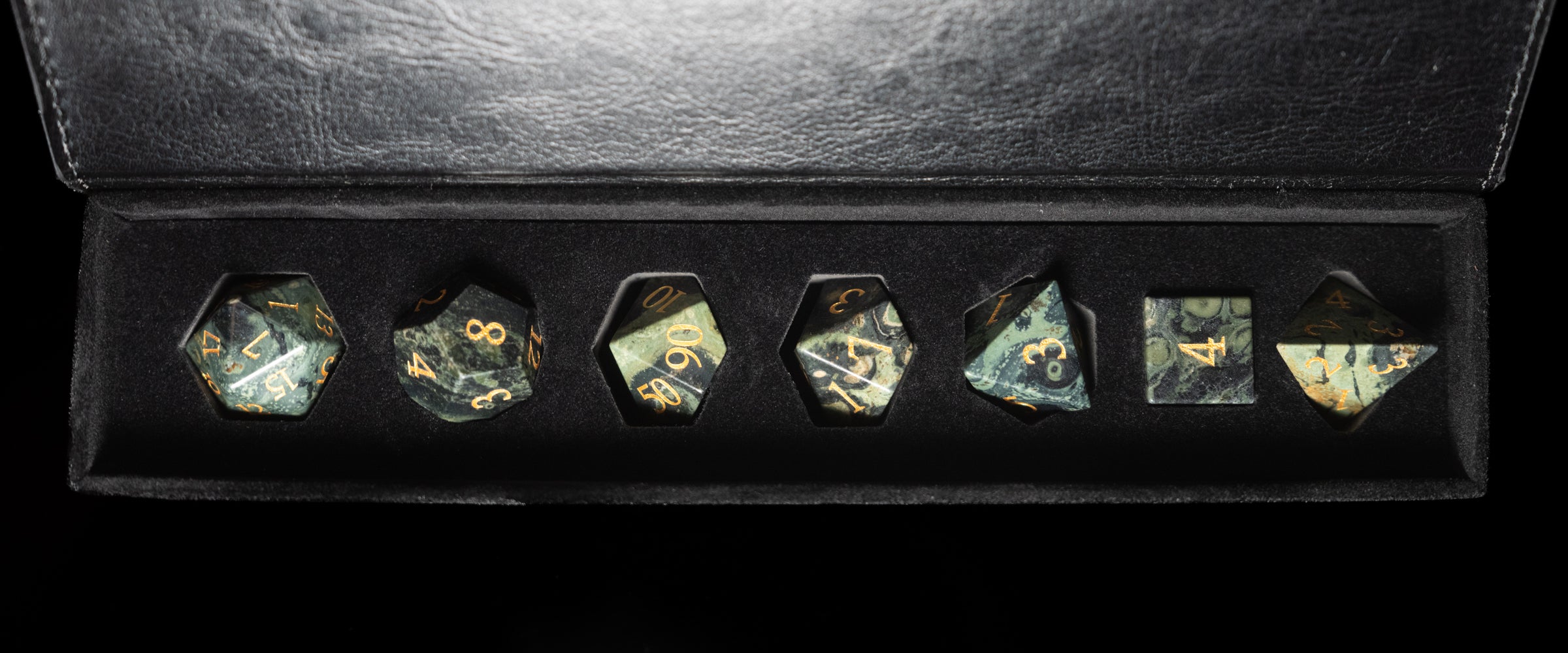 green jasper glass and gemstone polyhedral DnD RPG dice set