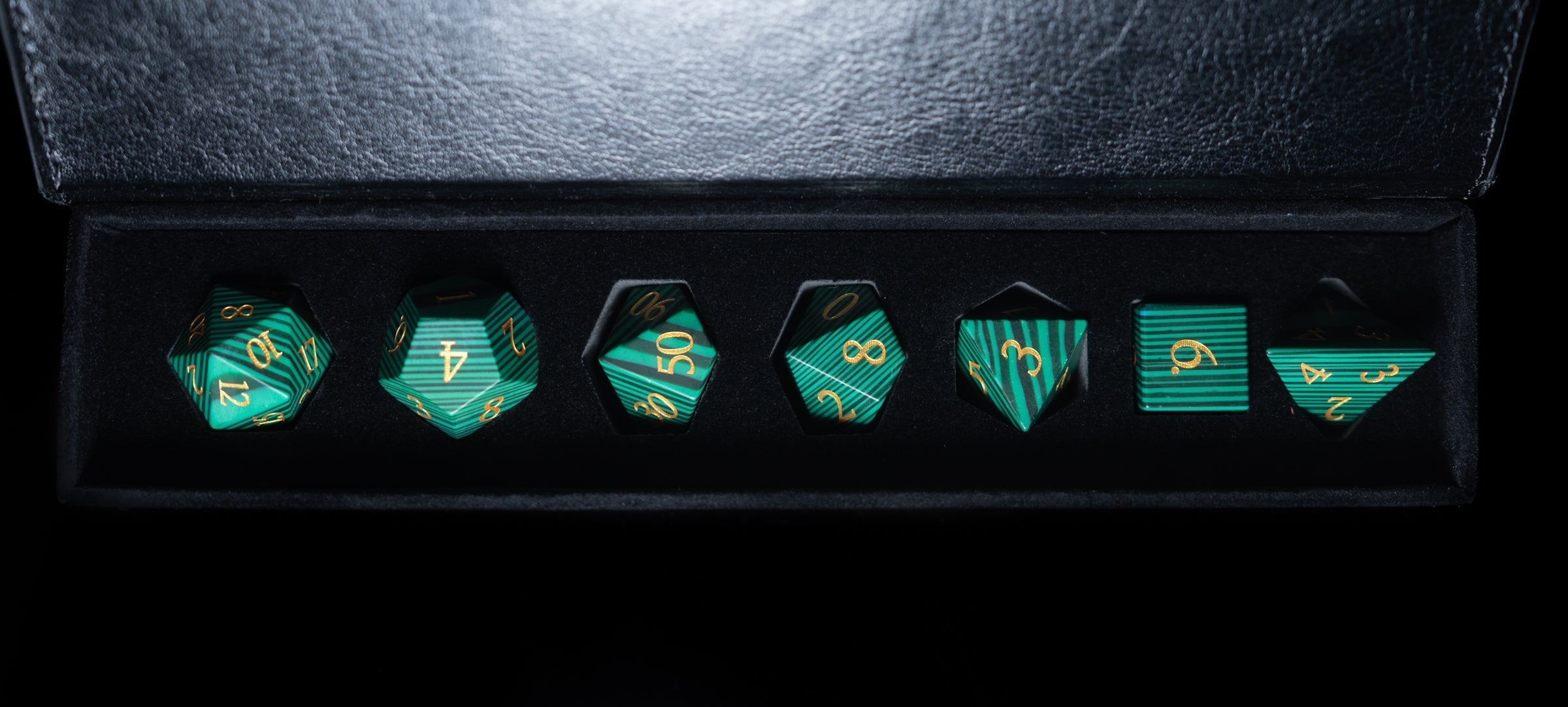 malachite glass and gemstone polyhedral DnD RPG dice set