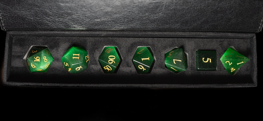 green cat's eye glass and gemstone polyhedral DnD RPG dice set