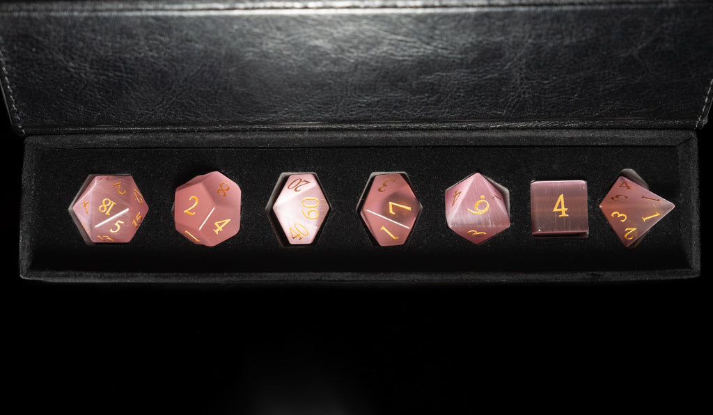 white cat's eye glass and gemstone polyhedral DnD RPG dice set