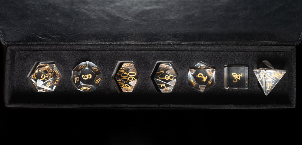 crystal clear paladin glass and gemstone polyhedral DnD RPG dice set