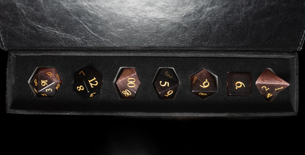 chocolate cat's eye glass and gemstone polyhedral DnD RPG dice set