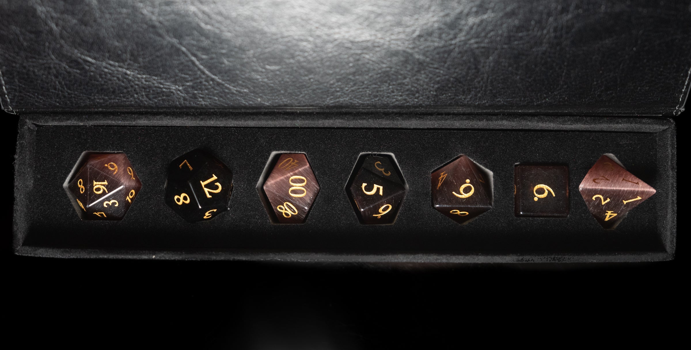 chocolate cat's eye glass and gemstone polyhedral DnD RPG dice set