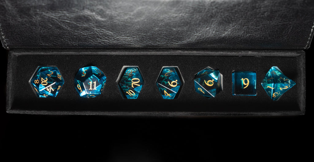 glacier blue glass and gemstone polyhedral DnD RPG dice set