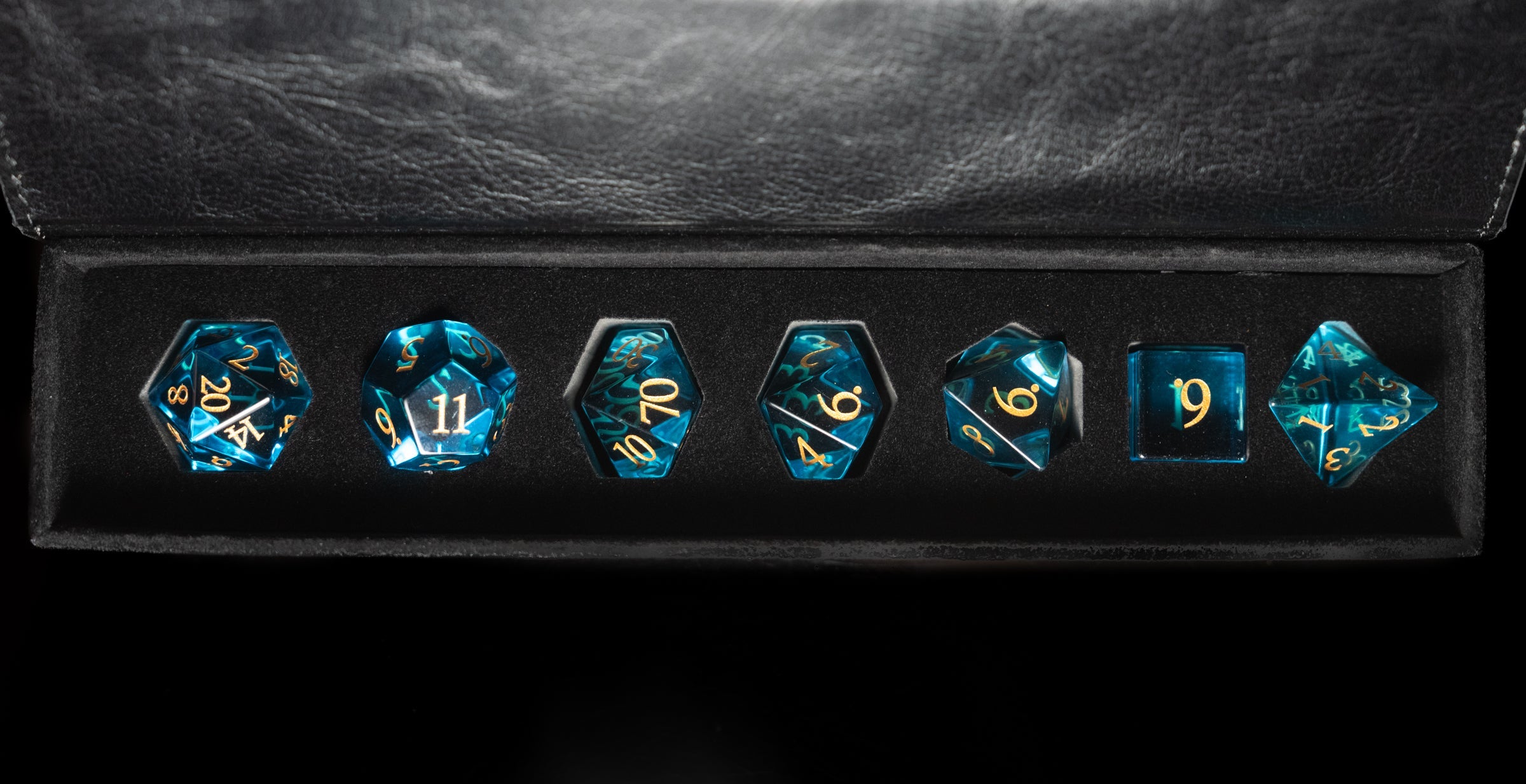 glacier blue glass and gemstone polyhedral DnD RPG dice set