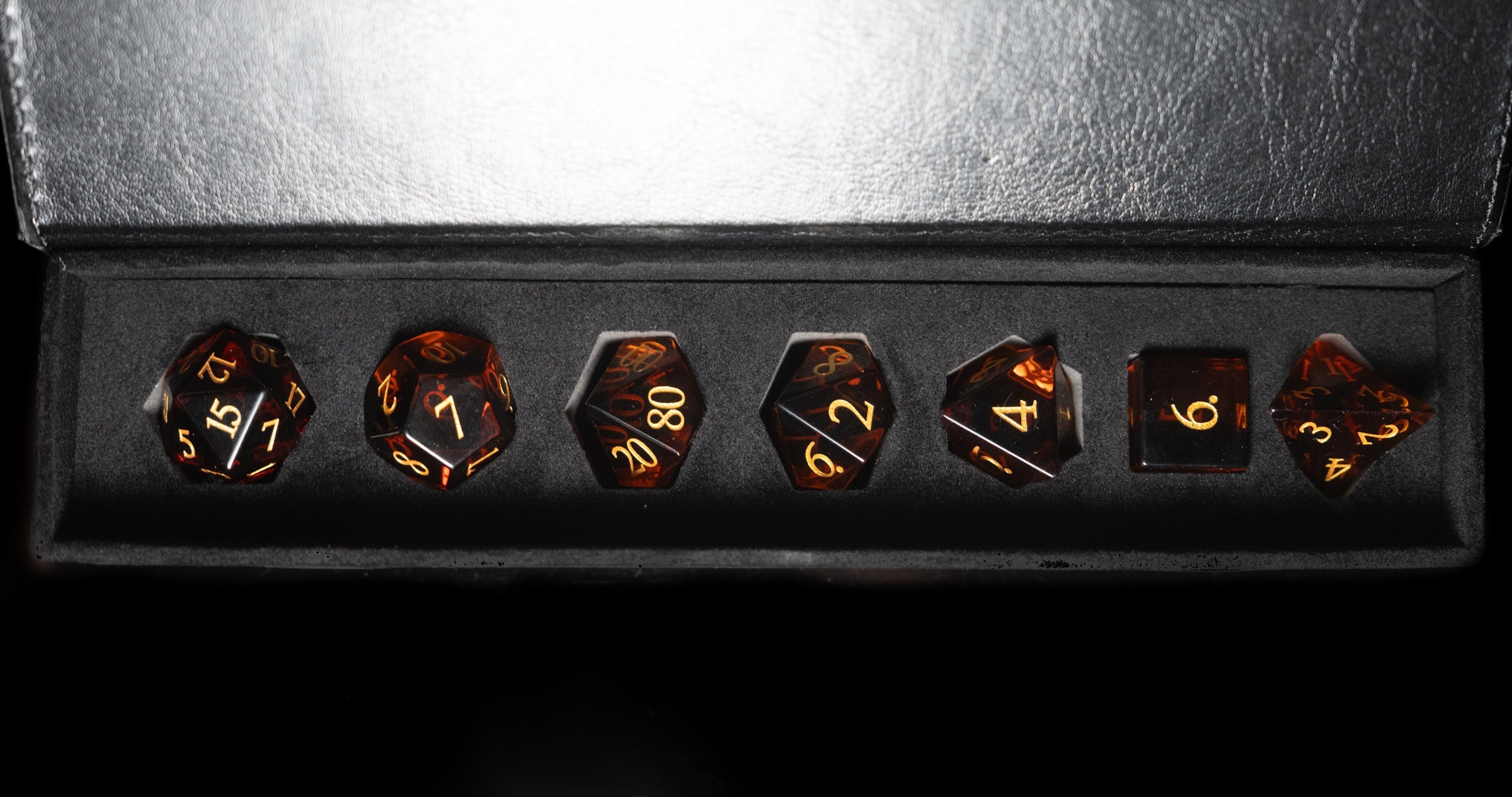 whiskey amber glass and gemstone polyhedral DnD RPG dice set