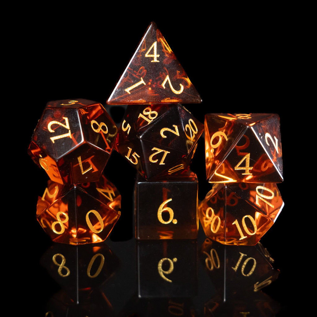 whiskey amber glass and gemstone polyhedral DnD RPG dice set