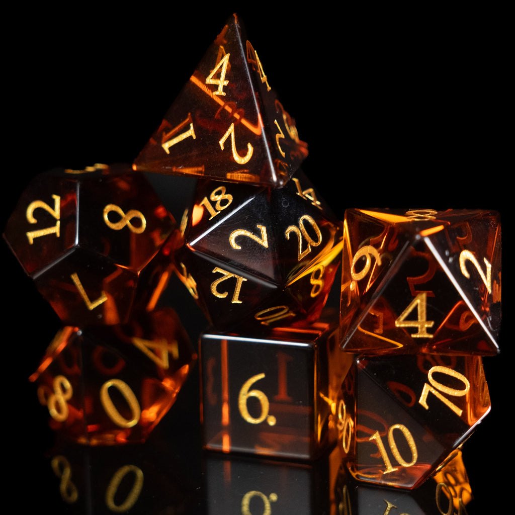 whiskey amber glass and gemstone polyhedral DnD RPG dice set