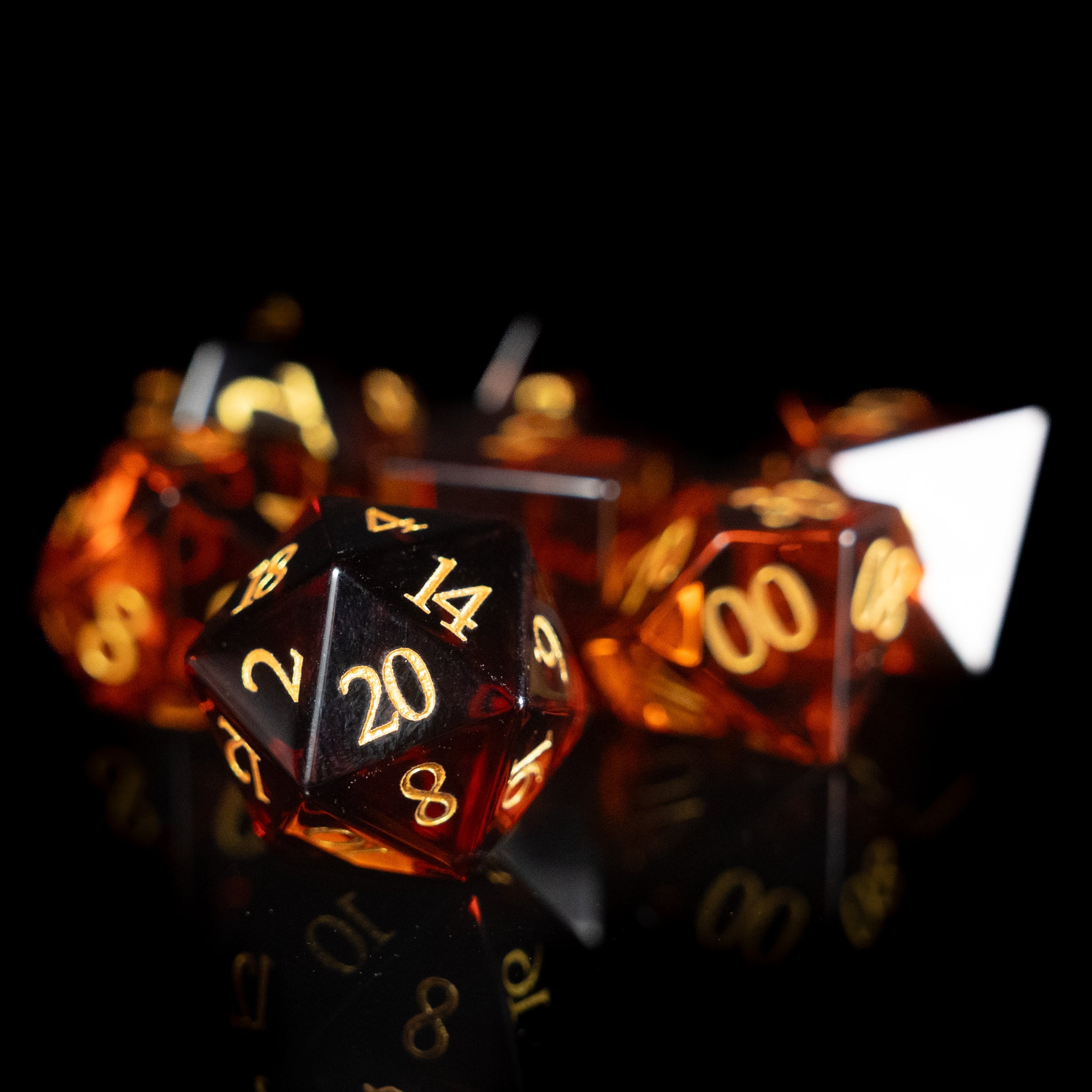 whiskey amber glass and gemstone polyhedral DnD RPG dice set