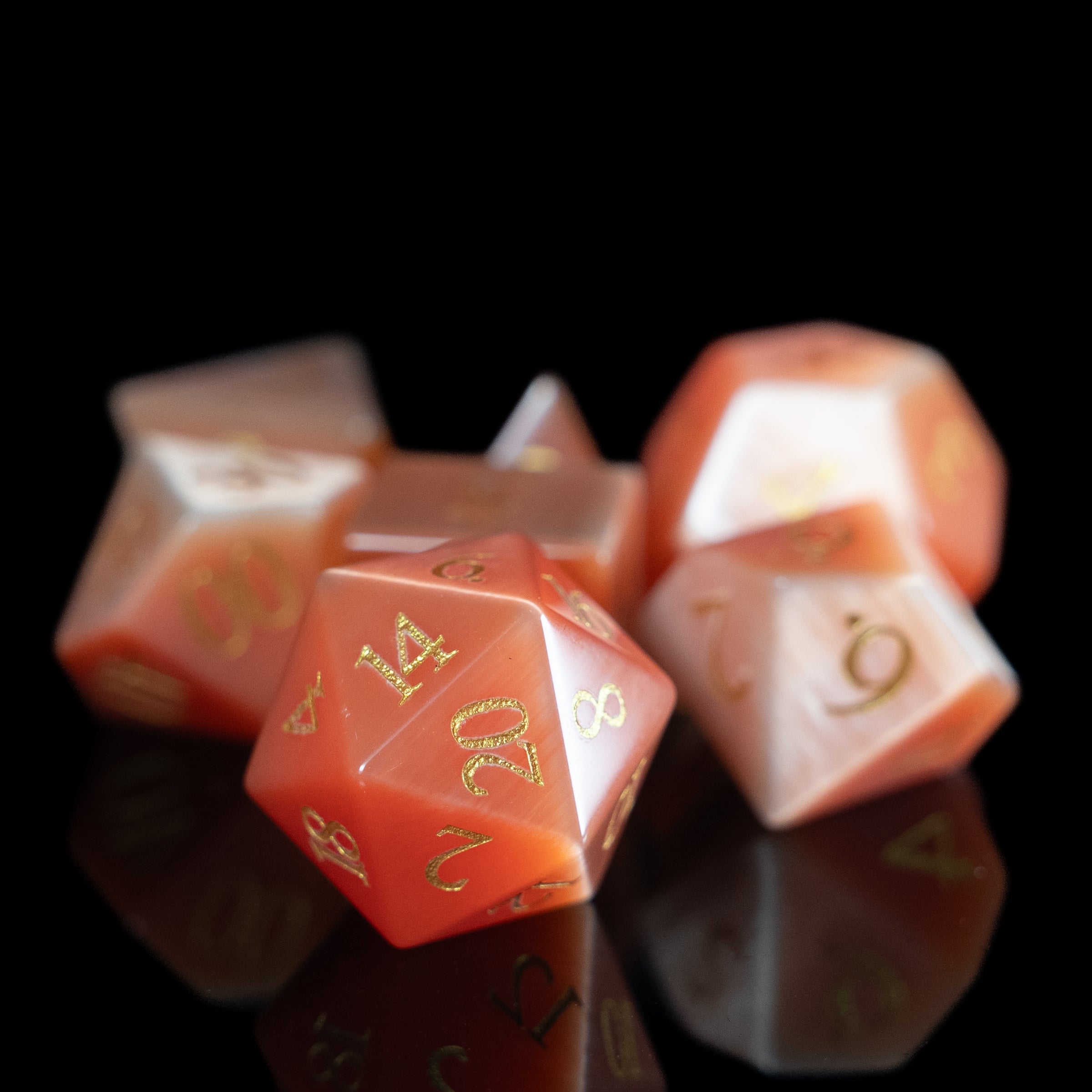 strawberry cat's eye glass and gemstone polyhedral DnD RPG dice set