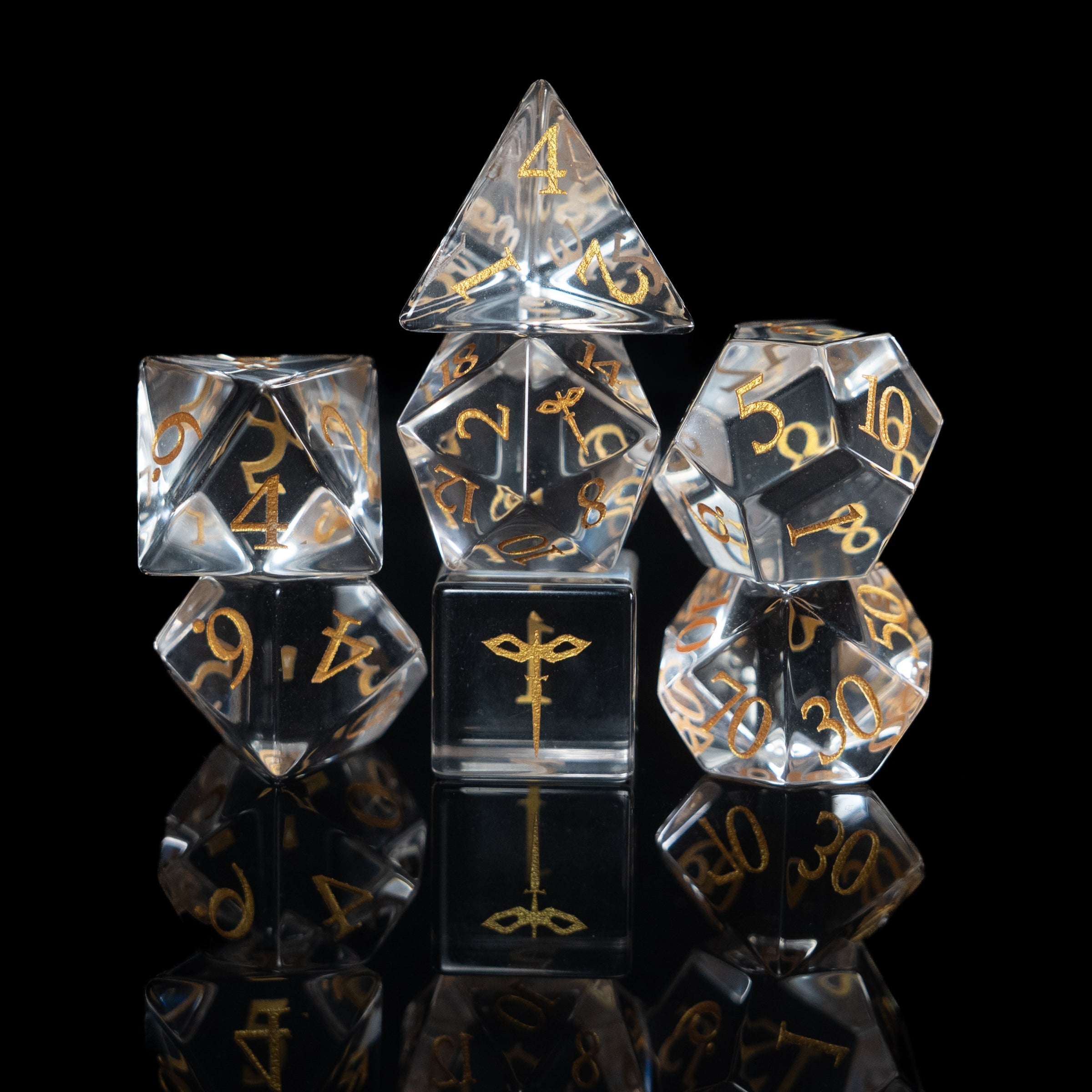 crystal clear paladin glass and gemstone polyhedral DnD RPG dice set