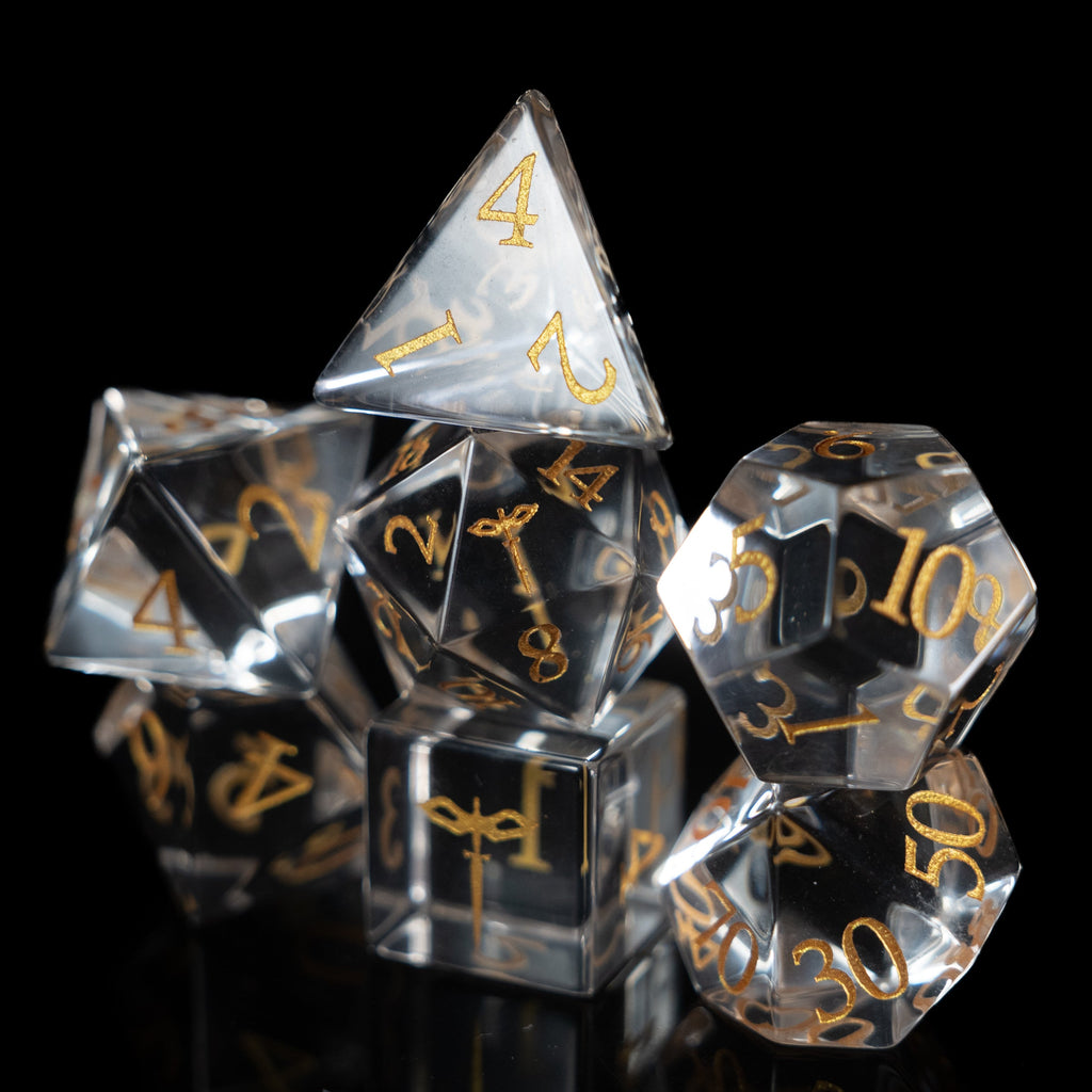 crystal clear paladin glass and gemstone polyhedral DnD RPG dice set