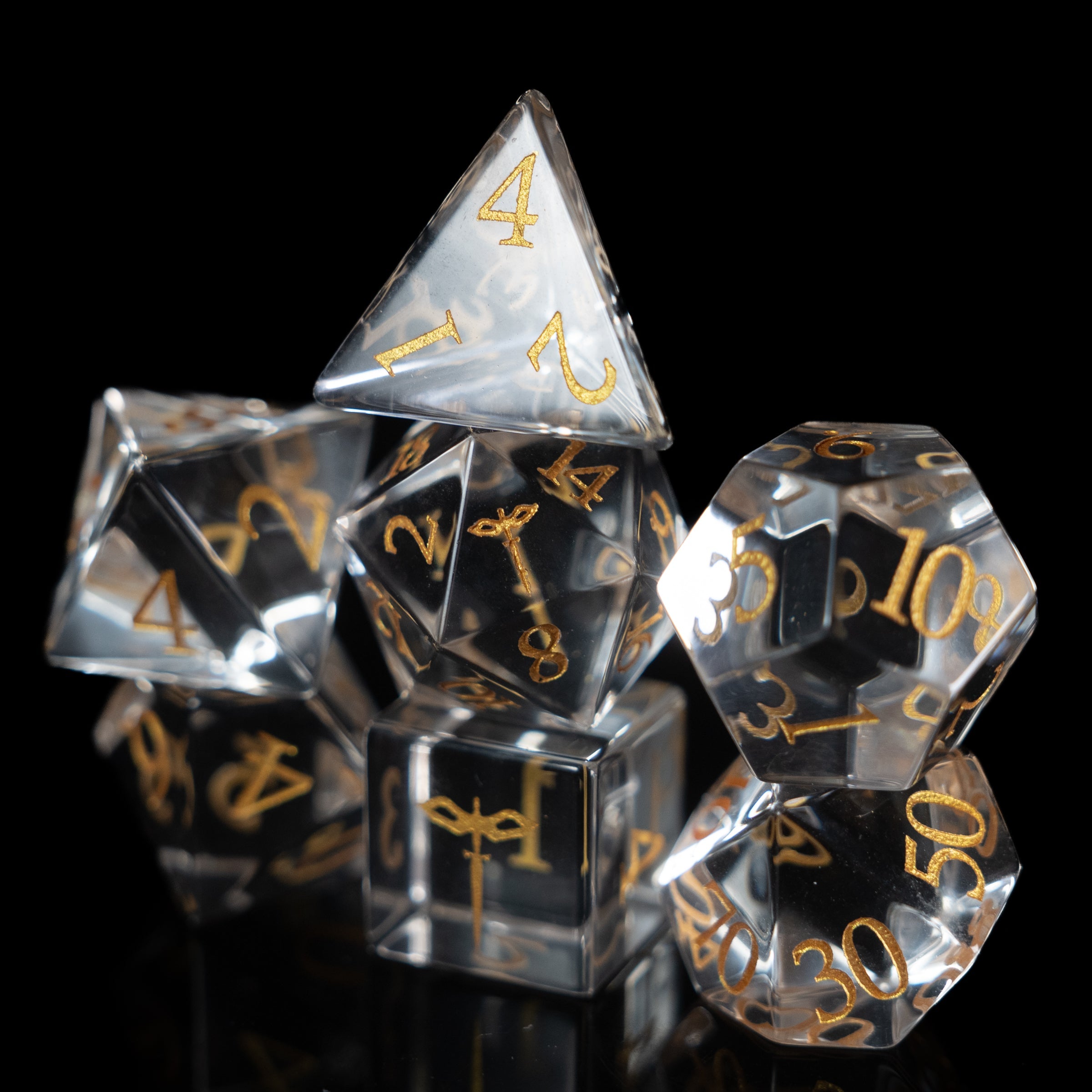 crystal clear paladin glass and gemstone polyhedral DnD RPG dice set