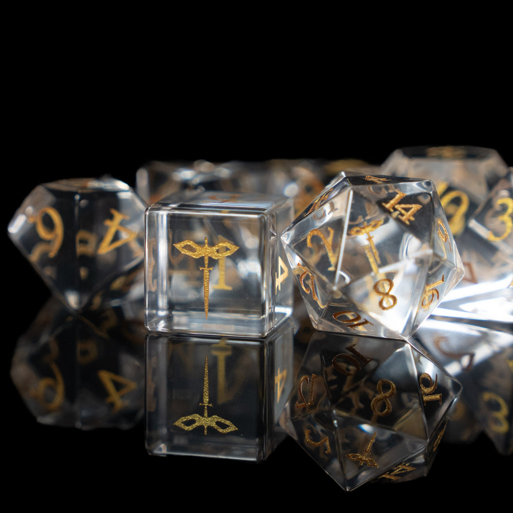 crystal clear paladin glass and gemstone polyhedral DnD RPG dice set