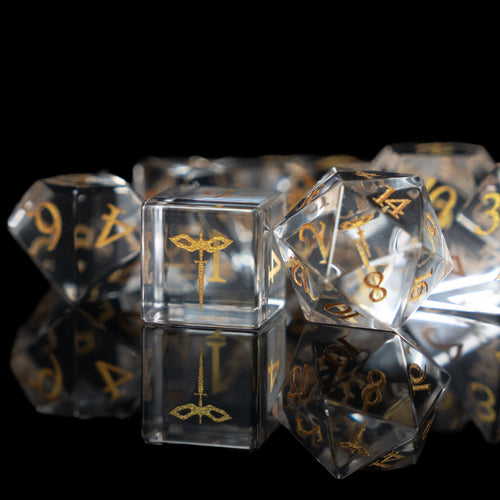 crystal clear paladin glass and gemstone polyhedral DnD RPG dice set