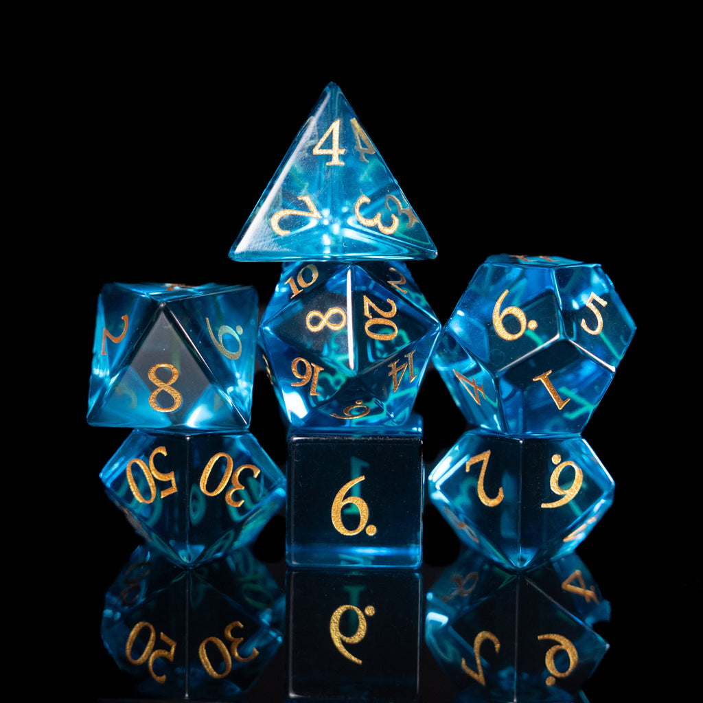 glacier blue glass and gemstone polyhedral DnD RPG dice set