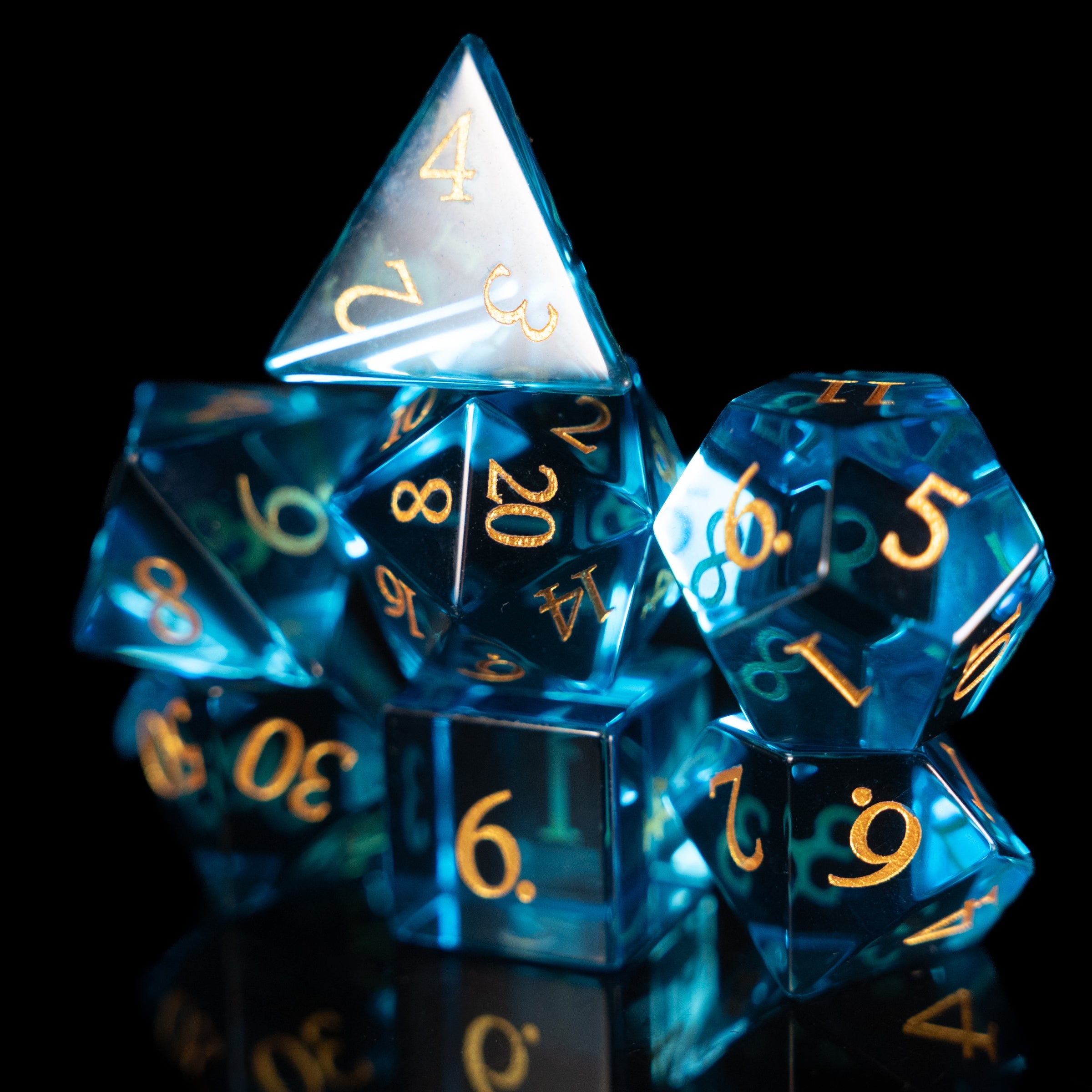 glacier blue glass and gemstone polyhedral DnD RPG dice set