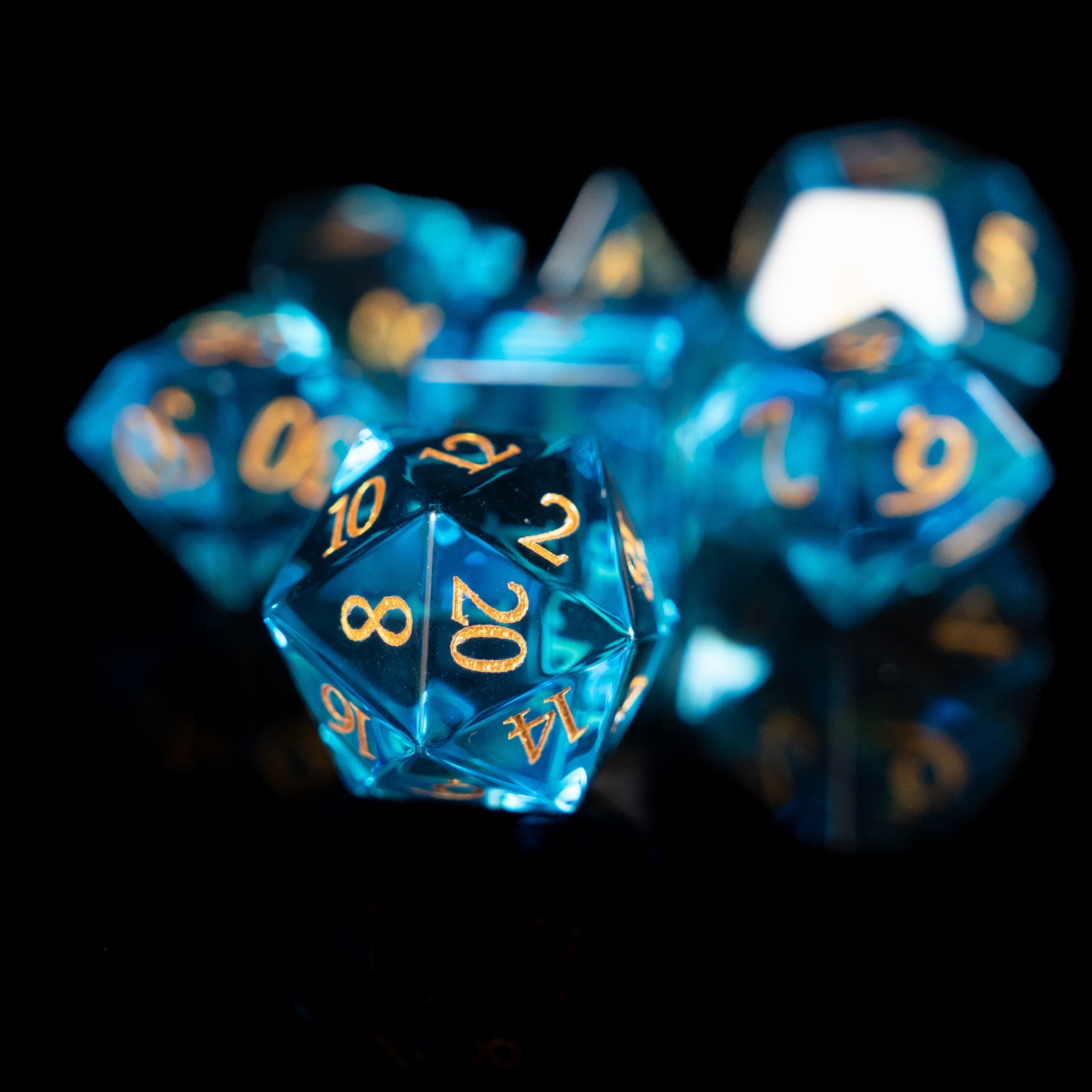 glacier blue glass and gemstone polyhedral DnD RPG dice set