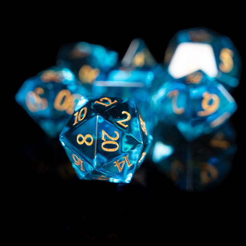 glacier blue glass and gemstone polyhedral DnD RPG dice set