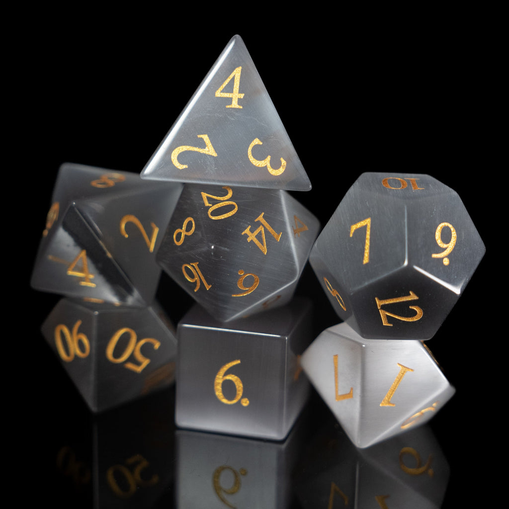 grey cat's eye glass and gemstone polyhedral DnD RPG dice set