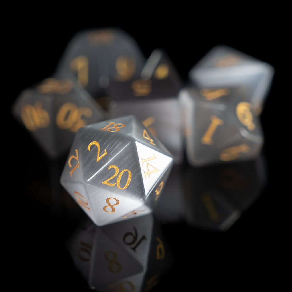 grey cat's eye glass and gemstone polyhedral DnD RPG dice set