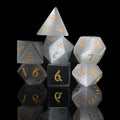 white cat's eye glass and gemstone polyhedral DnD RPG dice set