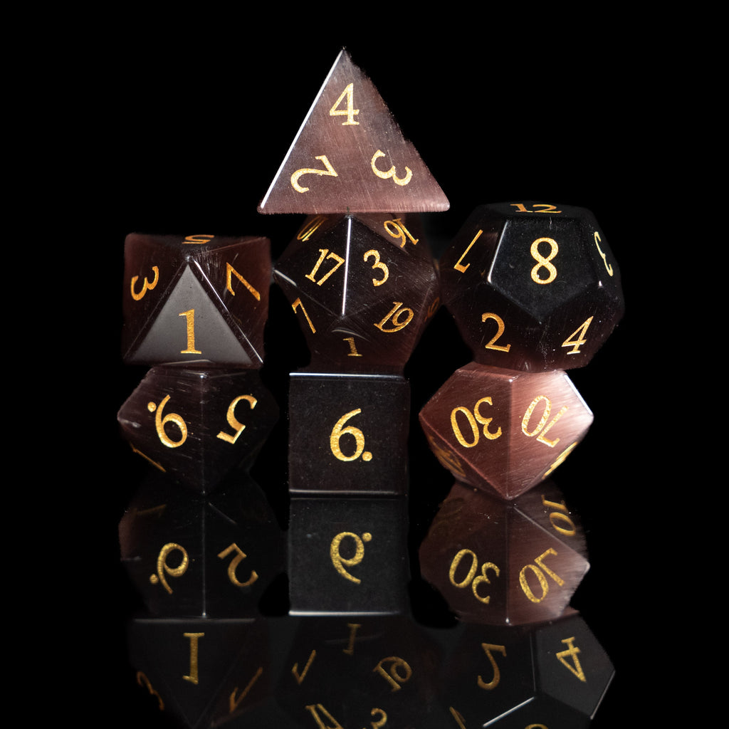 chocolate cat's eye glass and gemstone polyhedral DnD RPG dice set