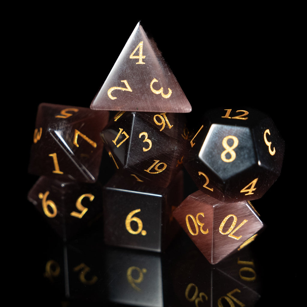 chocolate cat's eye glass and gemstone polyhedral DnD RPG dice set