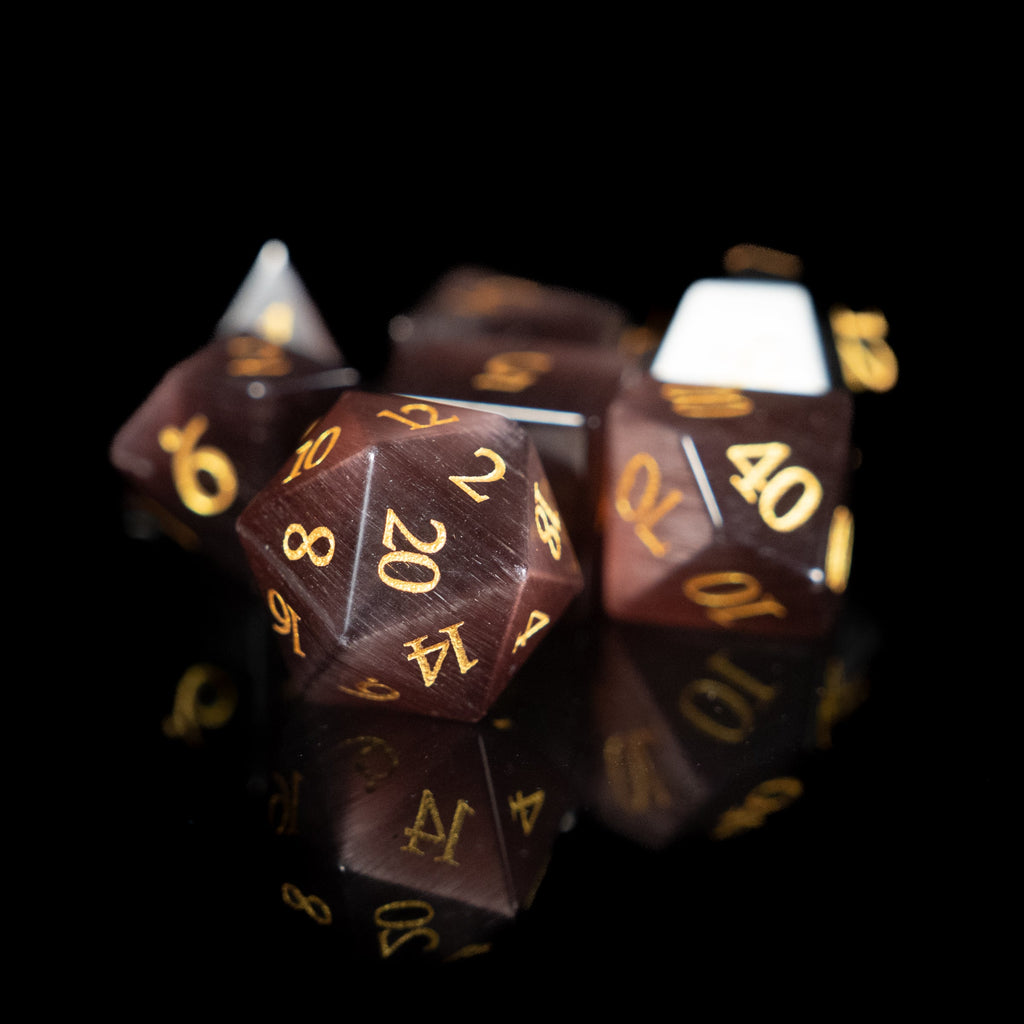 chocolate cat's eye glass and gemstone polyhedral DnD RPG dice set