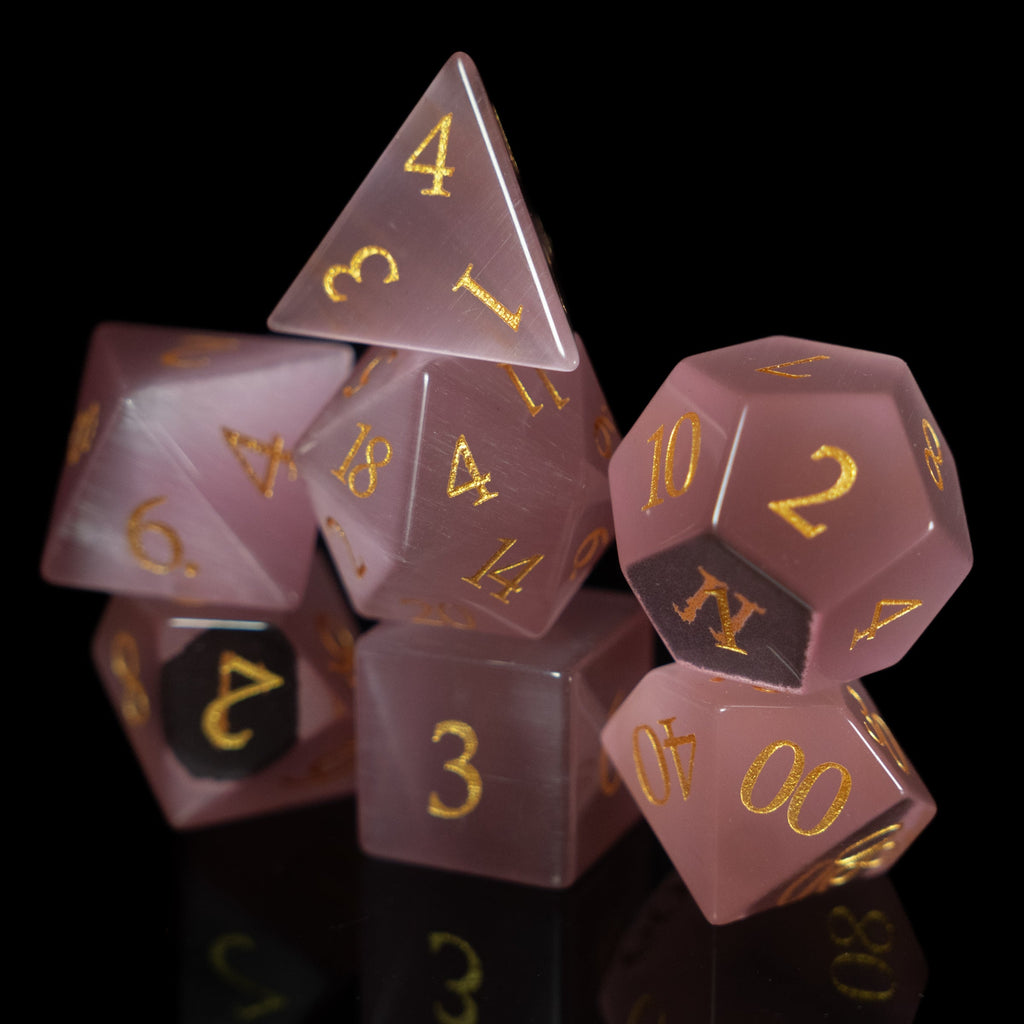 white cat's eye glass and gemstone polyhedral DnD RPG dice set