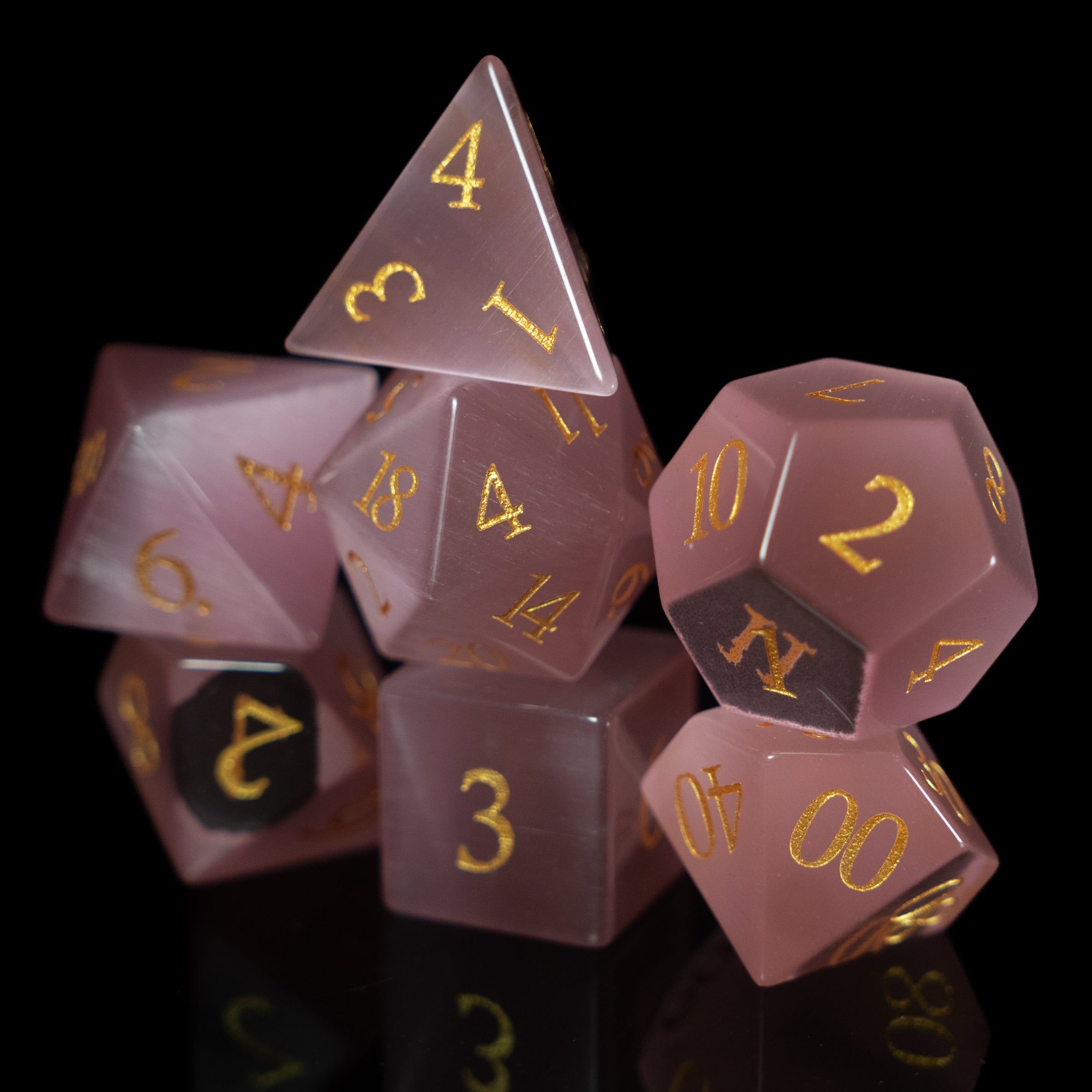 white cat's eye glass and gemstone polyhedral DnD RPG dice set