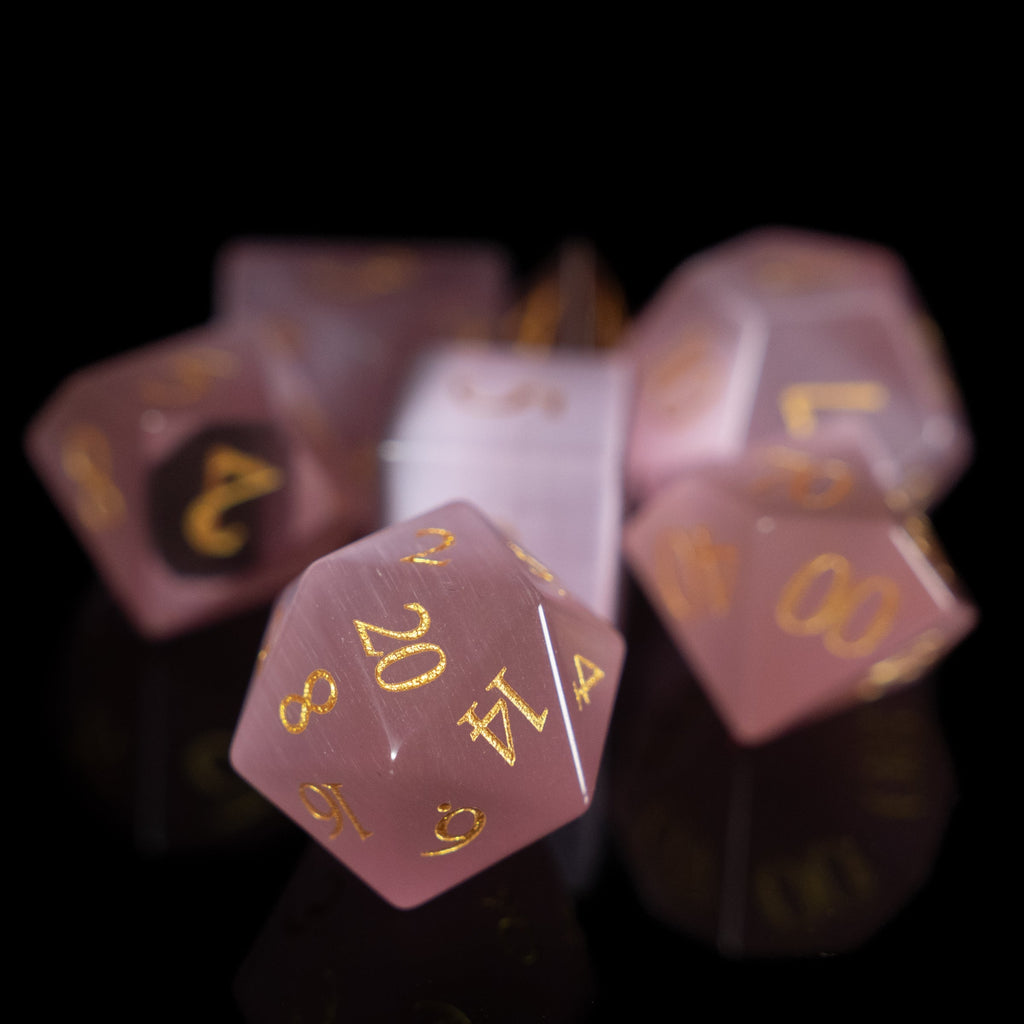 white cat's eye glass and gemstone polyhedral DnD RPG dice set