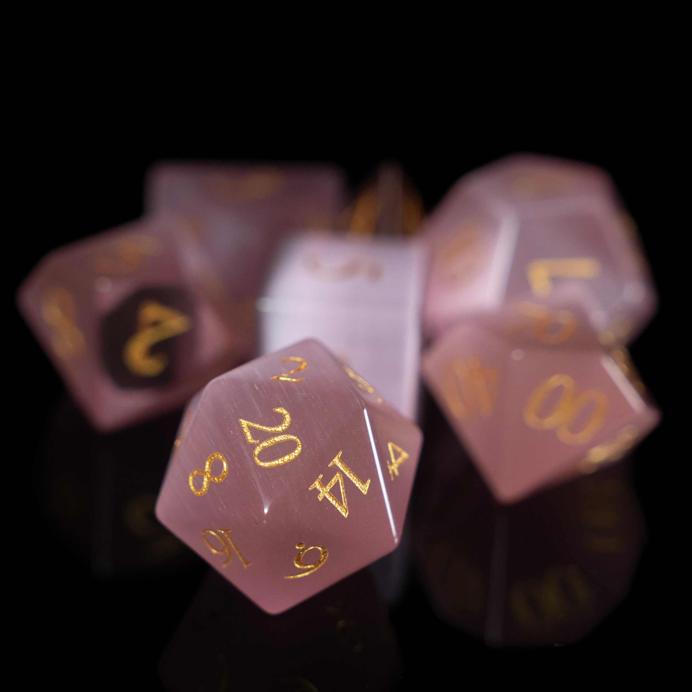 white cat's eye glass and gemstone polyhedral DnD RPG dice set
