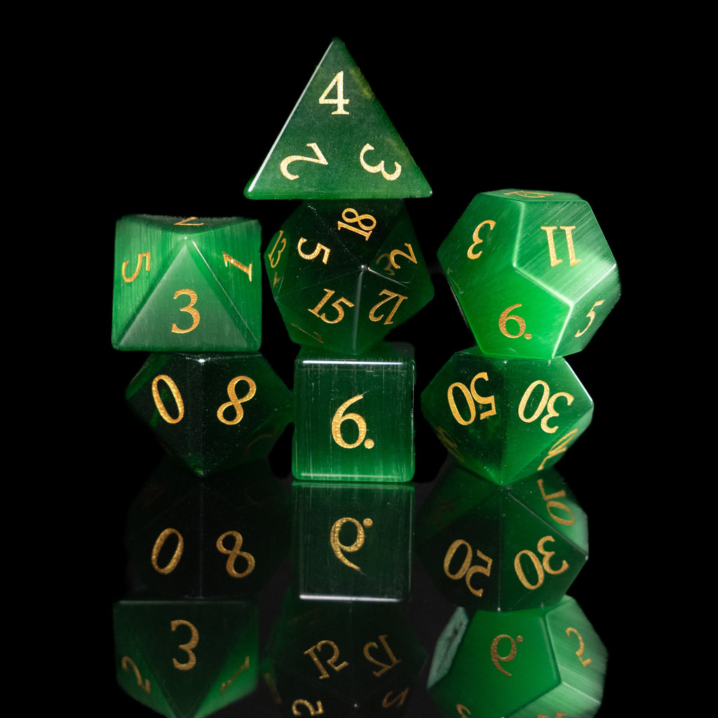 green cat's eye glass and gemstone polyhedral DnD RPG dice set