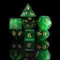 green cat's eye glass and gemstone polyhedral DnD RPG dice set