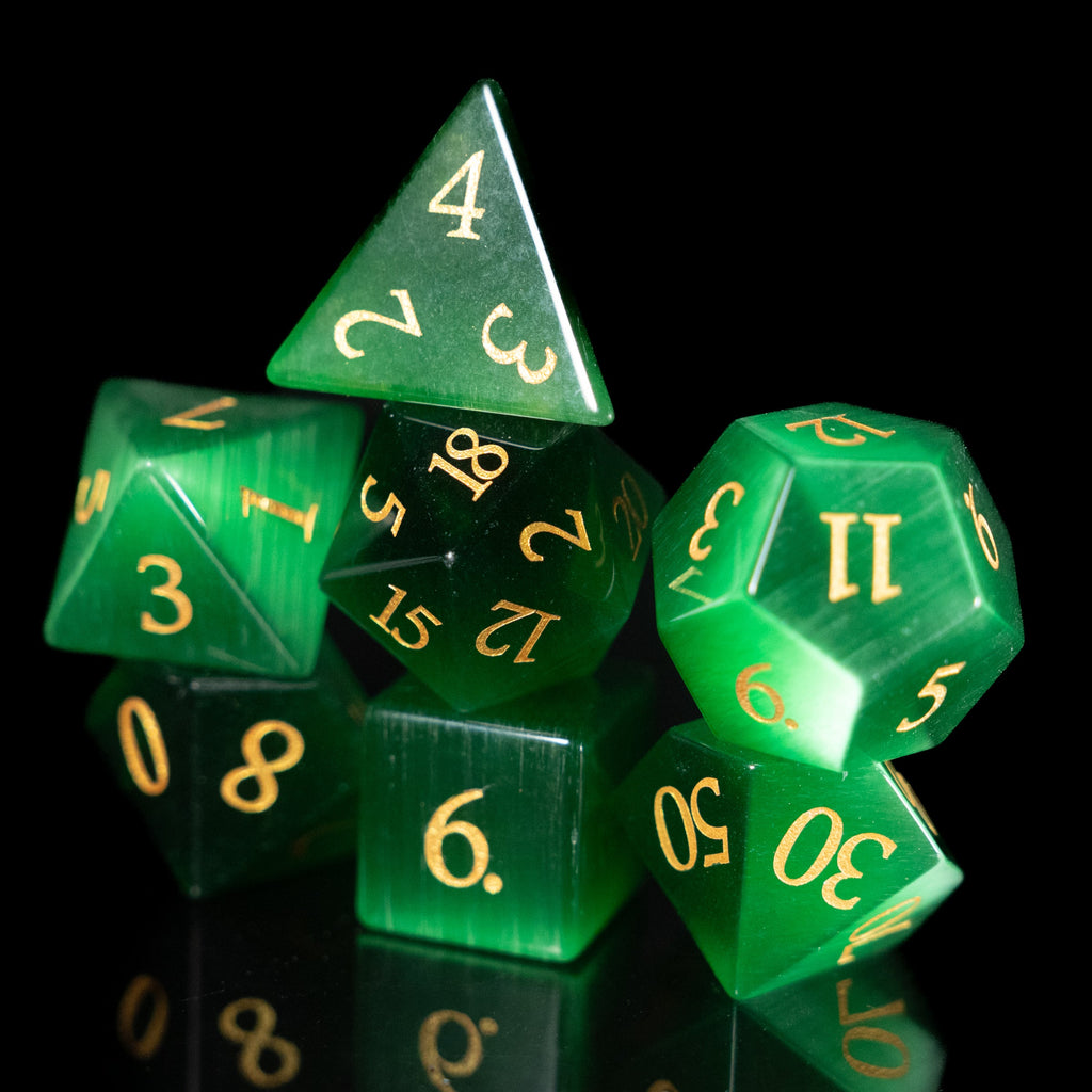 green cat's eye glass and gemstone polyhedral DnD RPG dice set