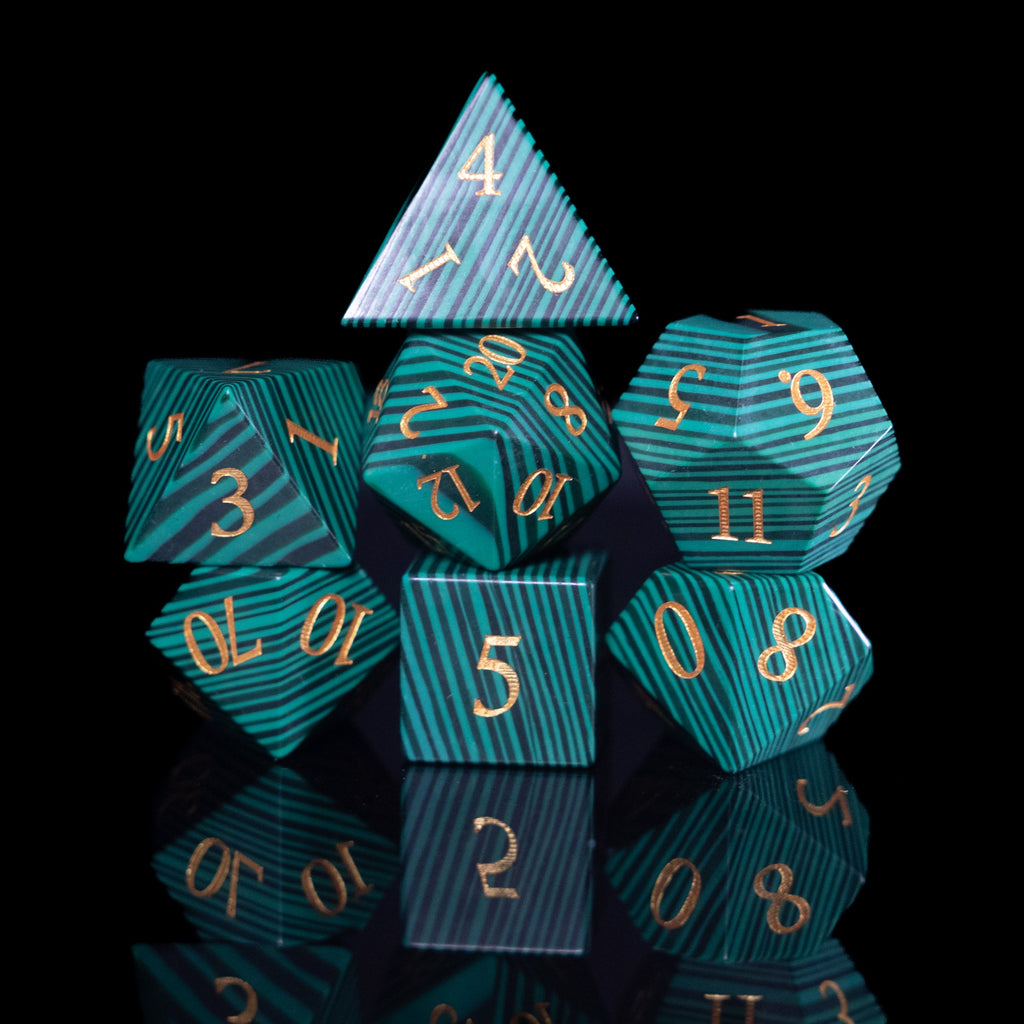malachite glass and gemstone polyhedral DnD RPG dice set