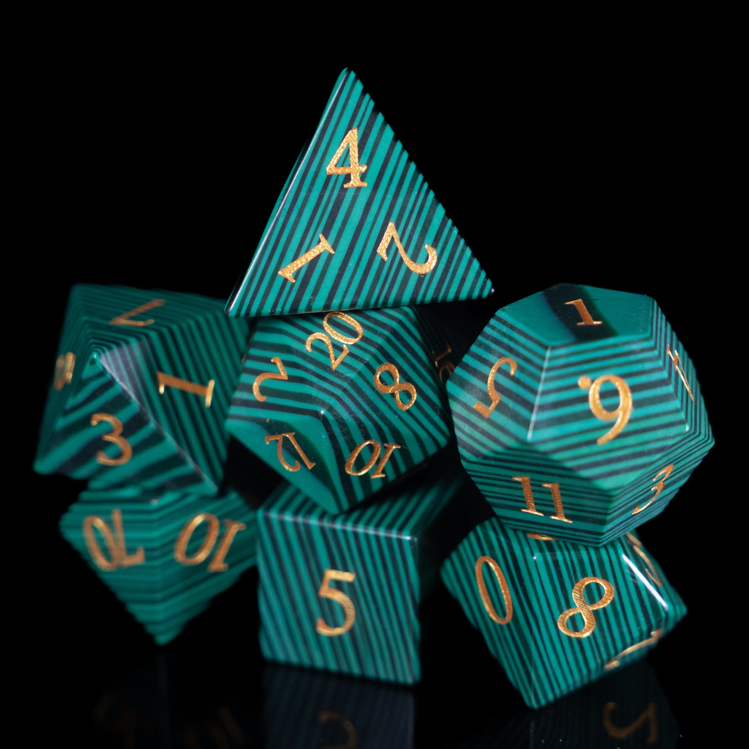 malachite glass and gemstone polyhedral DnD RPG dice set