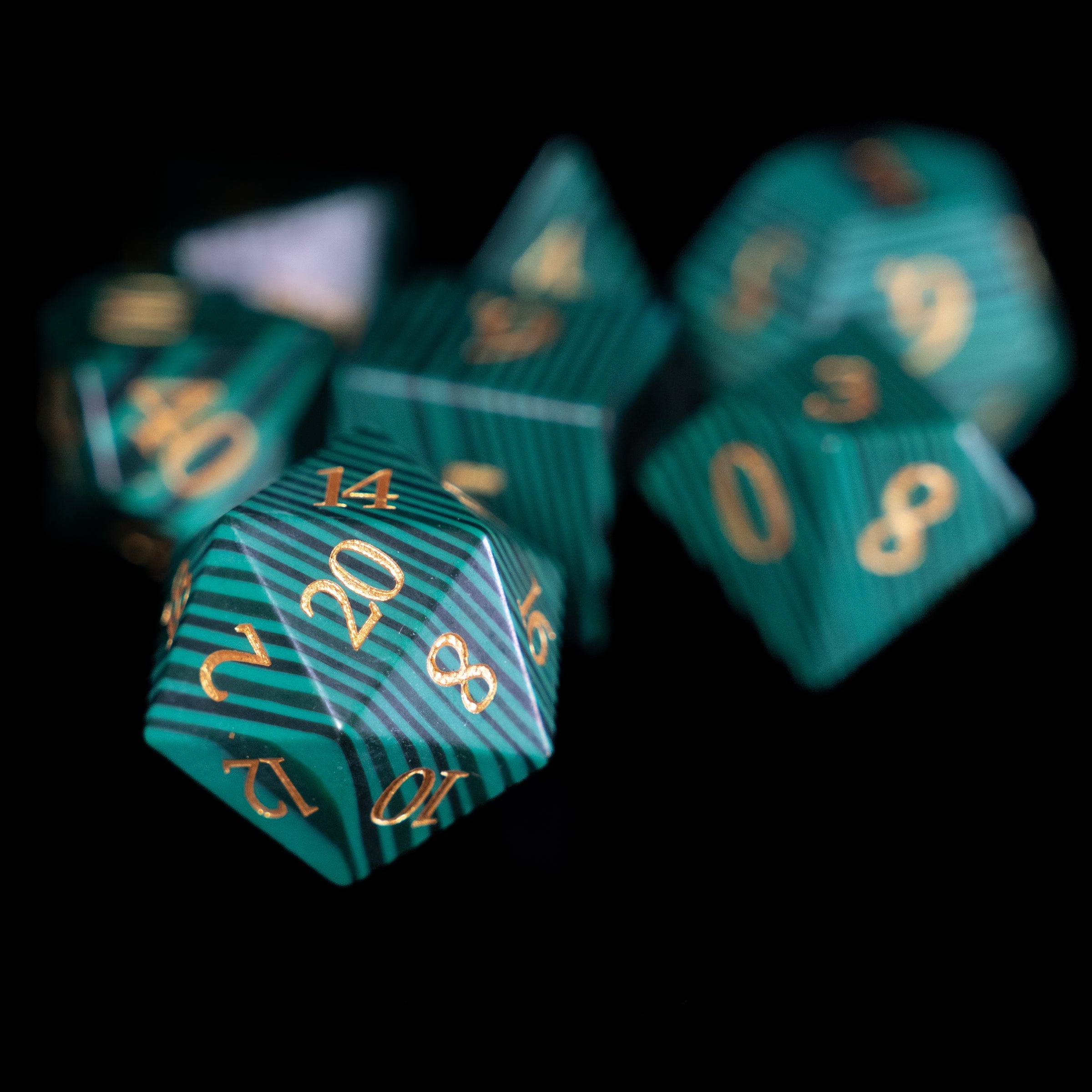 malachite glass and gemstone polyhedral DnD RPG dice set