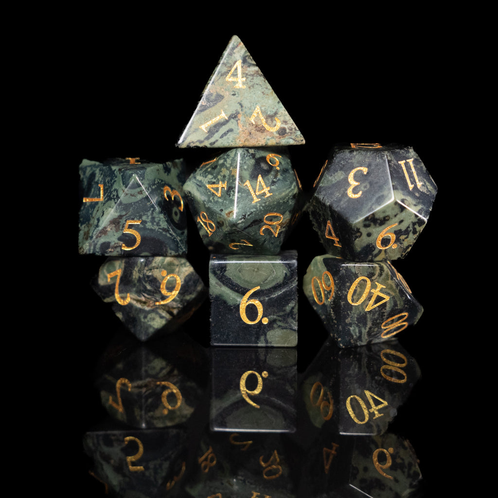 green jasper glass and gemstone polyhedral DnD RPG dice set