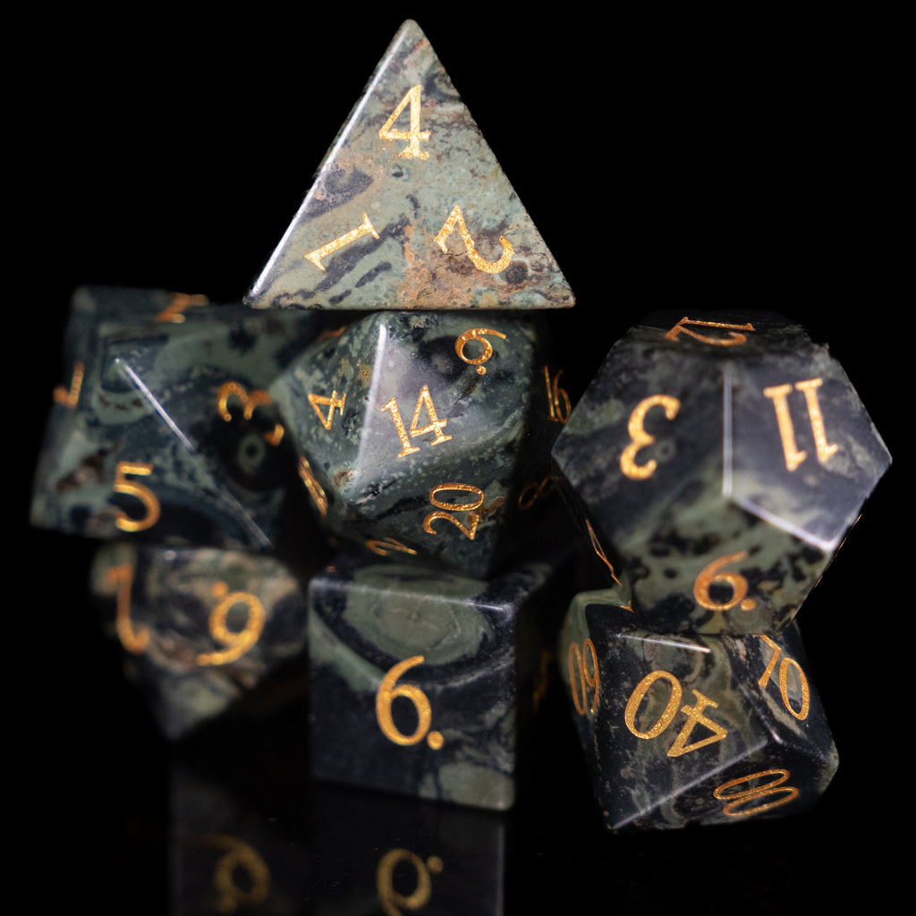green jasper glass and gemstone polyhedral DnD RPG dice set