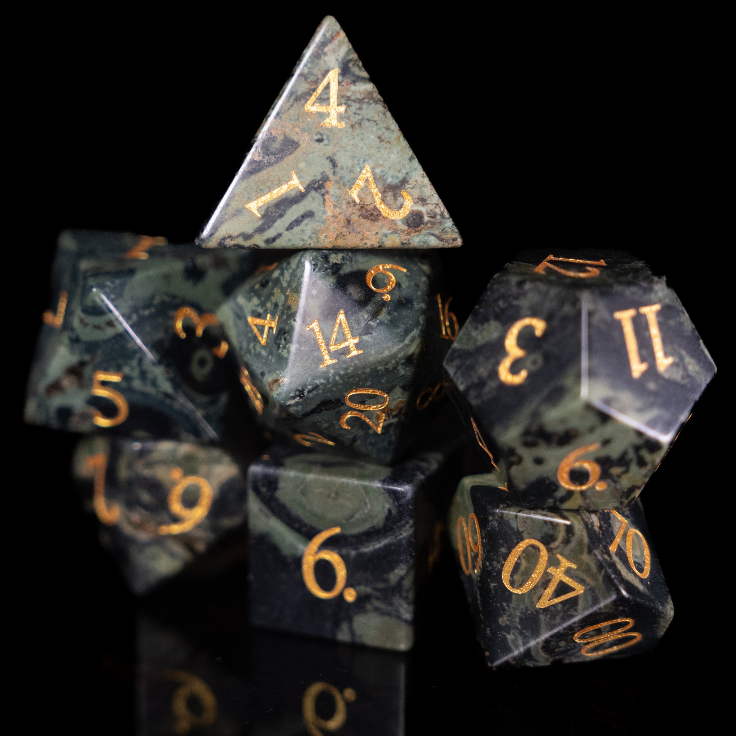 green jasper glass and gemstone polyhedral DnD RPG dice set