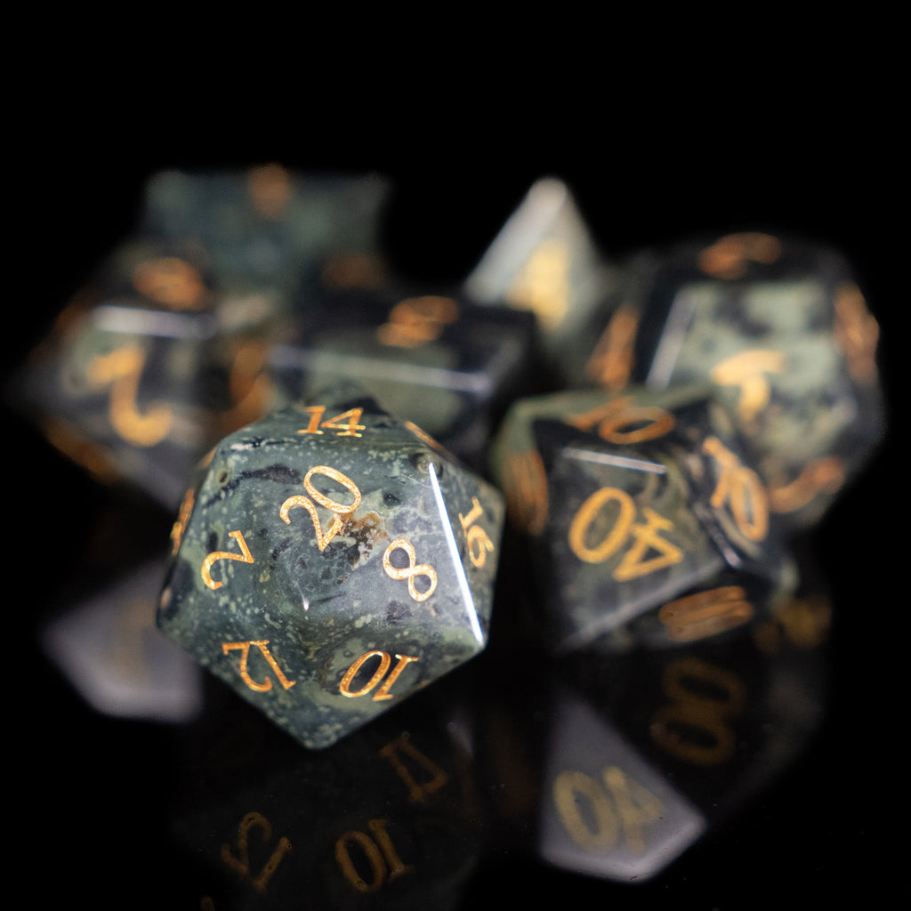 green jasper glass and gemstone polyhedral DnD RPG dice set