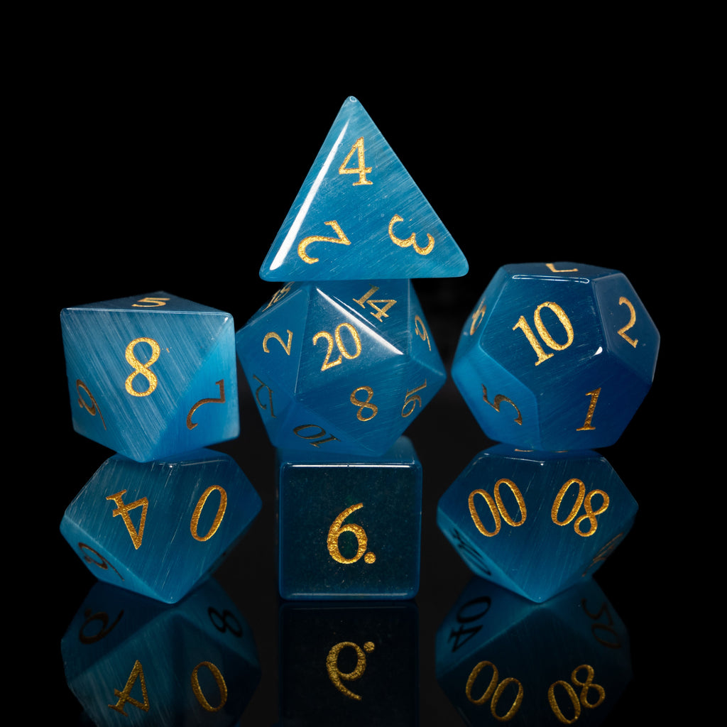 sky blue cat's eye glass and gemstone polyhedral DnD RPG dice set