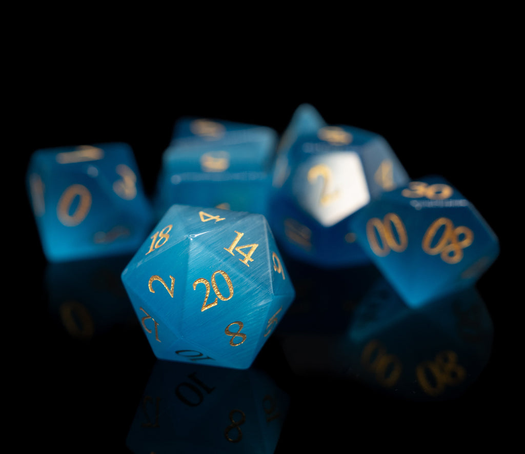 sky blue cat's eye glass and gemstone polyhedral DnD RPG dice set