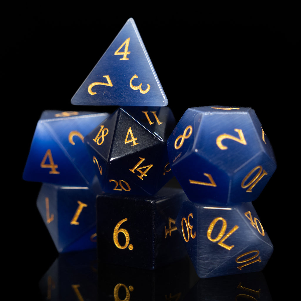 royal blue cat's eye glass and gemstone polyhedral DnD RPG dice set