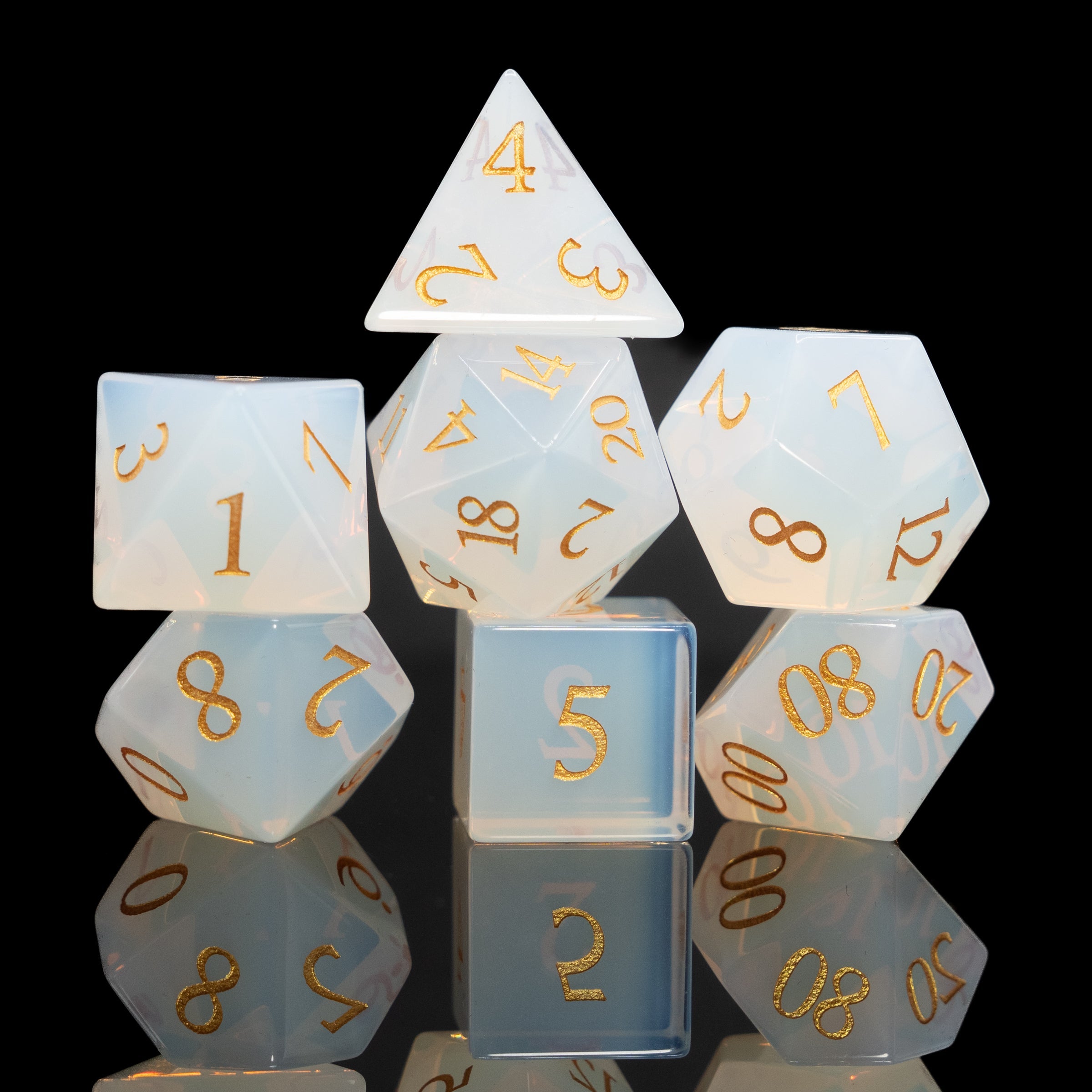 white opalite glass and gemstone polyhedral DnD RPG Dice set