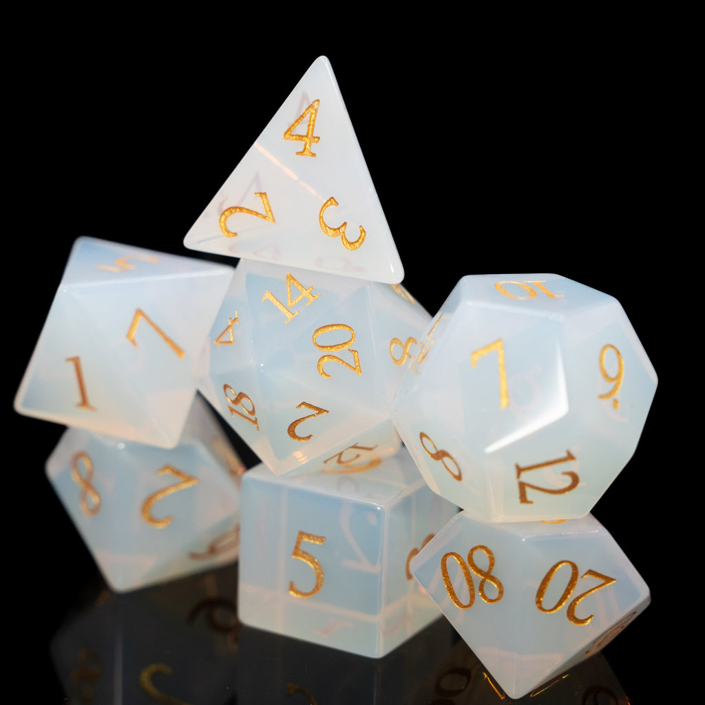 white opalite glass and gemstone polyhedral DnD RPG Dice set