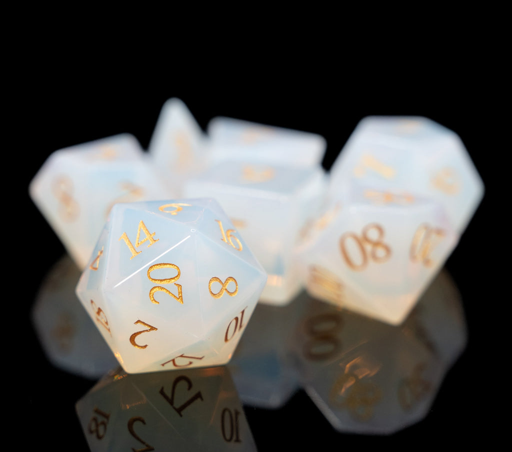 white opalite glass and gemstone polyhedral DnD RPG Dice set