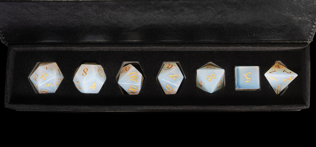white opalite glass and gemstone polyhedral DnD RPG Dice set